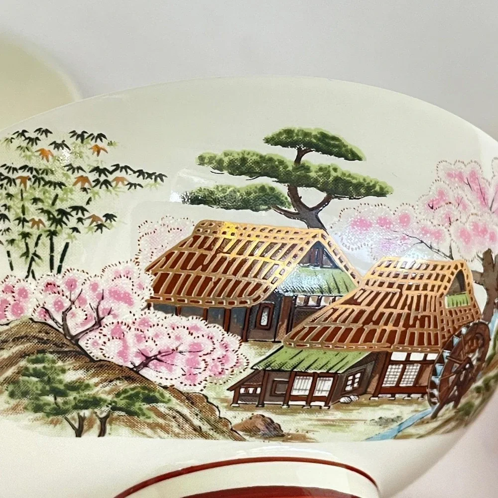 Vintage Japanese Kutani-Yaki Porcelain Rice Bowls Landscape Cherry Blossom Set 4